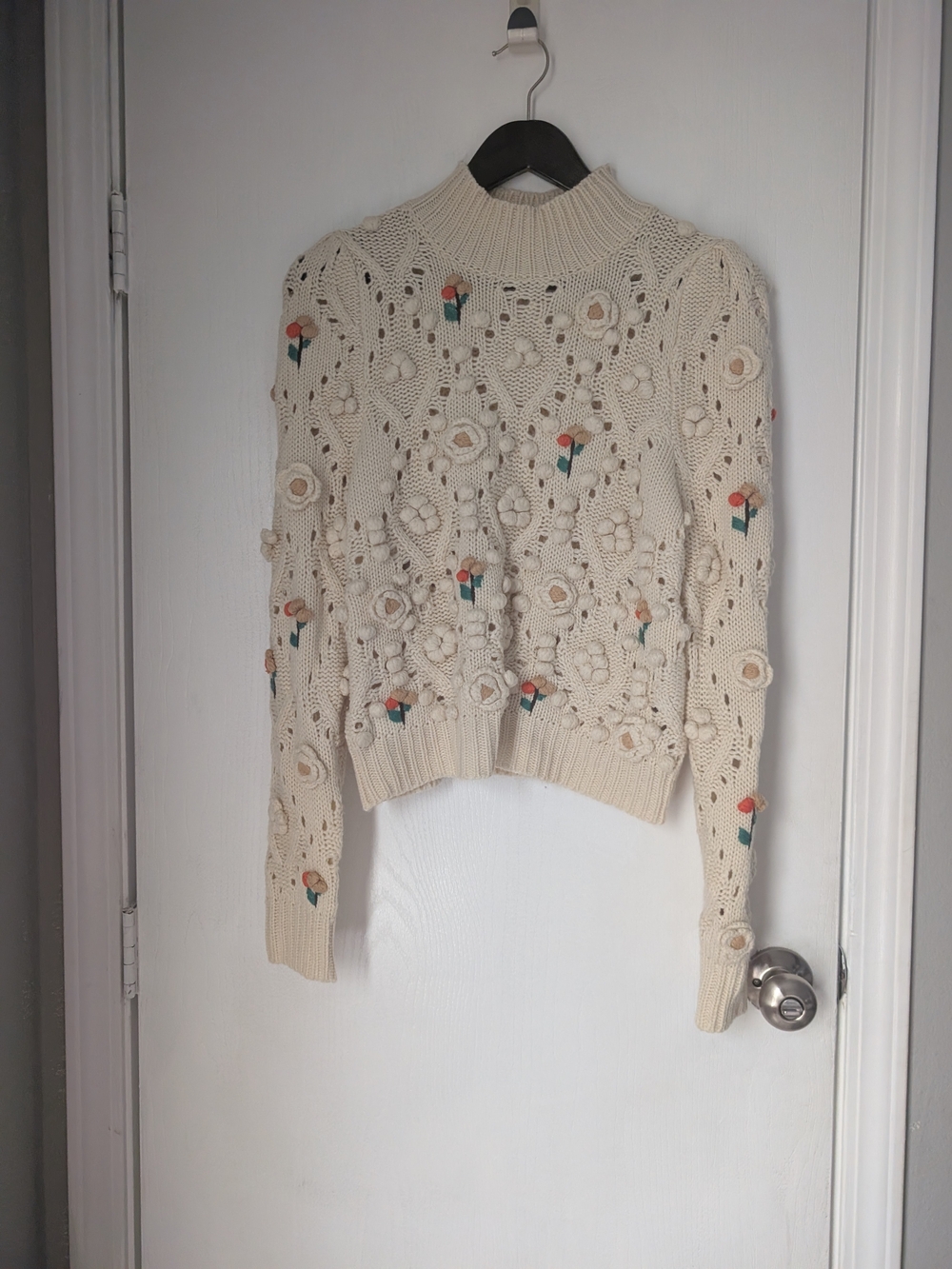 Zara Cream Crochet Turtleneck Sweater with Floral Embroidery